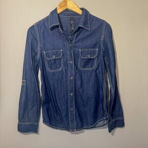 Seven7 Denim Western Button Down Shirt Small Blue Jean Blouse Roll Tab Sleeve